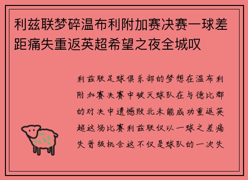 利兹联梦碎温布利附加赛决赛一球差距痛失重返英超希望之夜全城叹