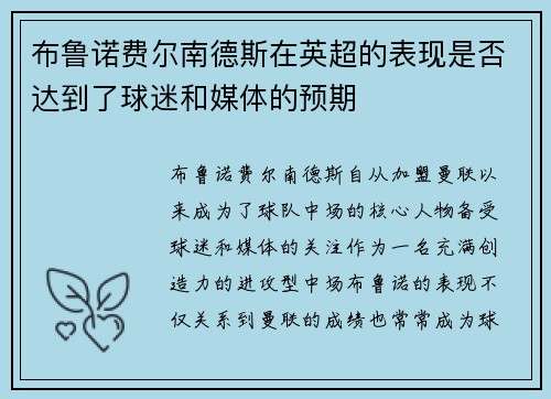 布鲁诺费尔南德斯在英超的表现是否达到了球迷和媒体的预期 布鲁诺费尔南德斯在英超的表现是否达到了球迷和媒体的预期